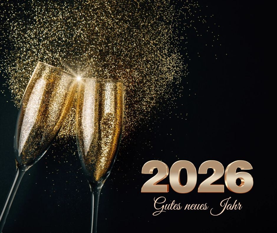 Zwei Champagnerflöten stoßen mit goldenem Glitzer auf einem schwarzen Hintergrund an, die Zahl 2026 und die Worte 'Gutes neues Jahr' stehen darunter.