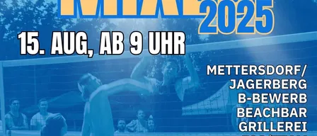 Plakat für ein Wohltätigkeits-Mixed-Beachvolleyball-Event. Geplant für den 15. August, Beginn um 9 Uhr. Ort: Mettersdorf/Jagerberg. Kosten 50 Euro pro Team, einschließlich Eintritt. QR-Code enthalten.