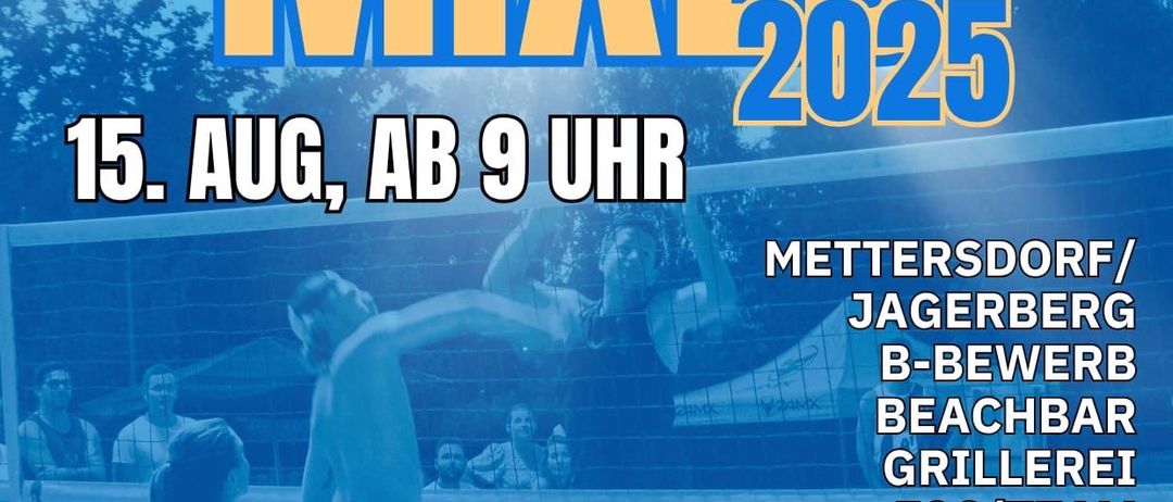 Plakat für ein Wohltätigkeits-Mixed-Beachvolleyball-Event. Geplant für den 15. August, Beginn um 9 Uhr. Ort: Mettersdorf/Jagerberg. Kosten 50 Euro pro Team, einschließlich Eintritt. QR-Code enthalten.