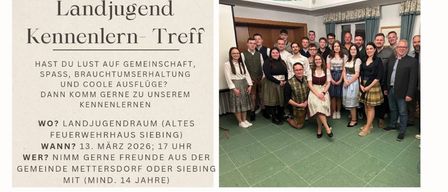 Eine Bildcollage zur Werbung für das 'Landjugend Kennenlernen'-Treffen. Es zeigt ein Lagerfeuer, Menschen in Kostümen und ein Gruppenfoto. Das Event findet am 13. März 2026 um 17 Uhr im Landjugendraum in Siebungen statt.