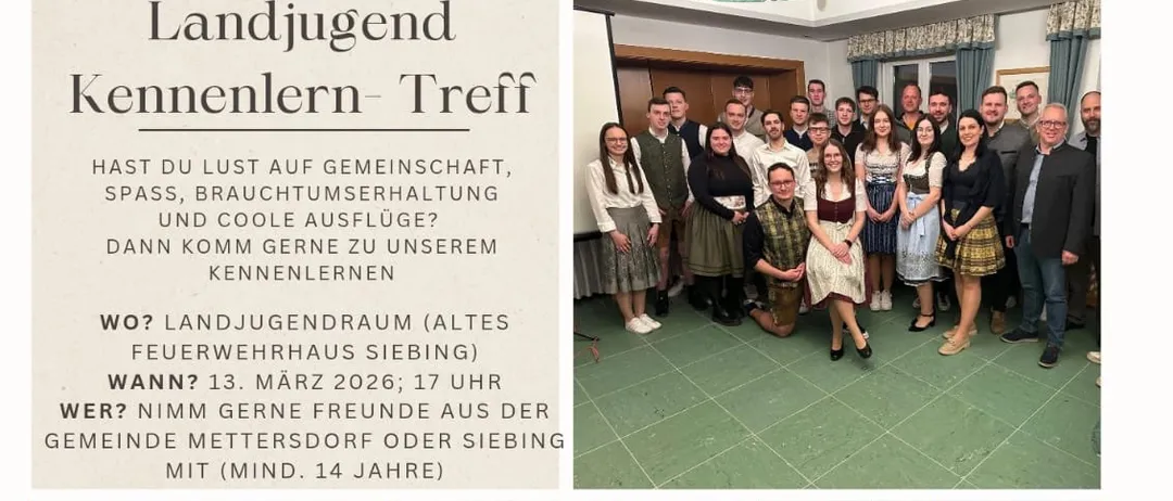 Eine Bildcollage zur Werbung für das 'Landjugend Kennenlernen'-Treffen. Es zeigt ein Lagerfeuer, Menschen in Kostümen und ein Gruppenfoto. Das Event findet am 13. März 2026 um 17 Uhr im Landjugendraum in Siebungen statt.