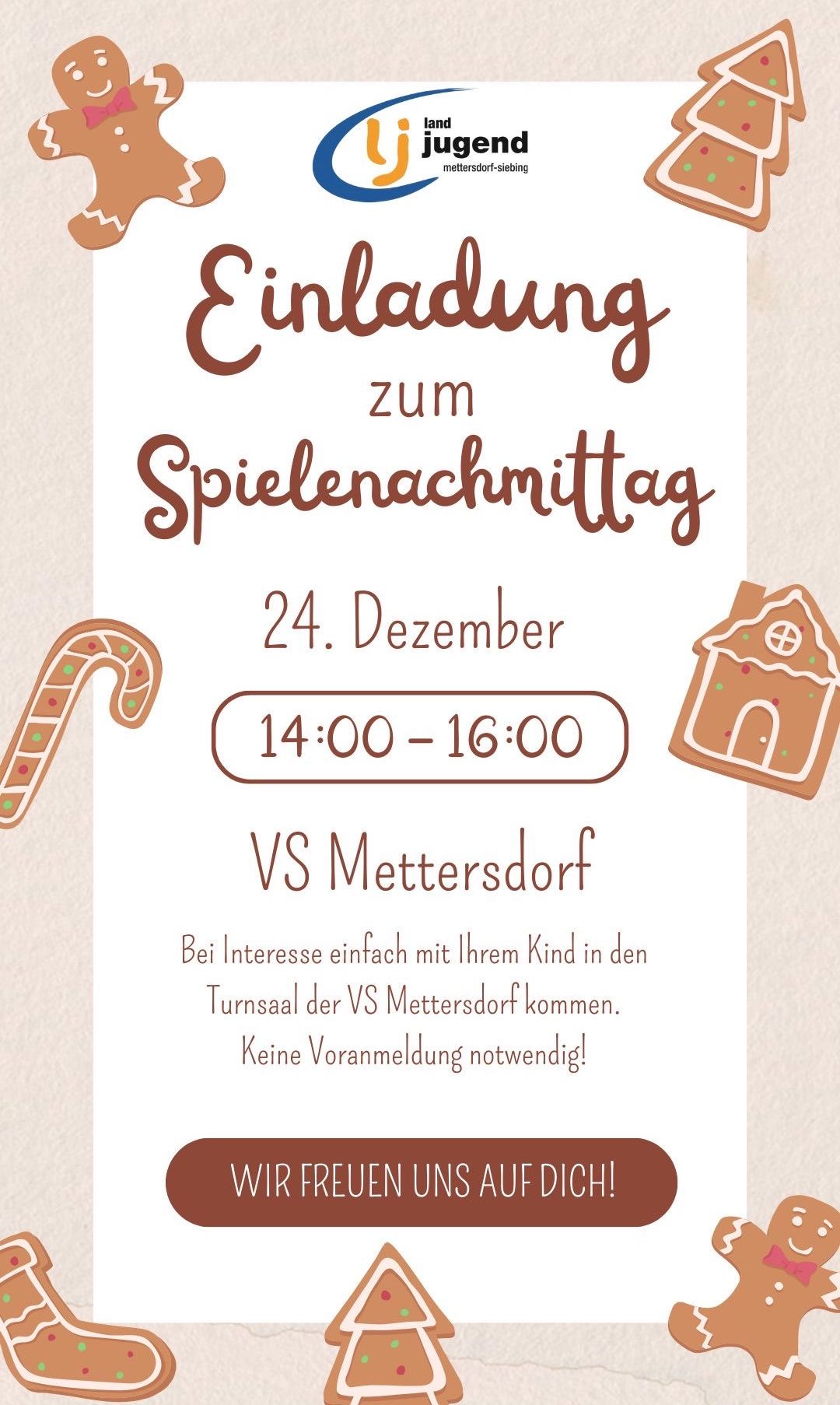 Einladung zum Spielnachmittag am 24. Dezember, von 14:00 bis 16:00 Uhr, bei VS Mettersdorf. Bringen Sie Ihr Kind in die Turnhalle, keine vorherige Anmeldung erforderlich.