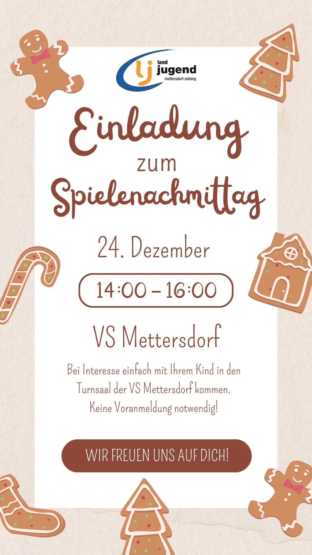 Einladung zum Spielnachmittag am 24. Dezember, von 14:00 bis 16:00 Uhr, bei VS Mettersdorf. Bringen Sie Ihr Kind in die Turnhalle, keine vorherige Anmeldung erforderlich.