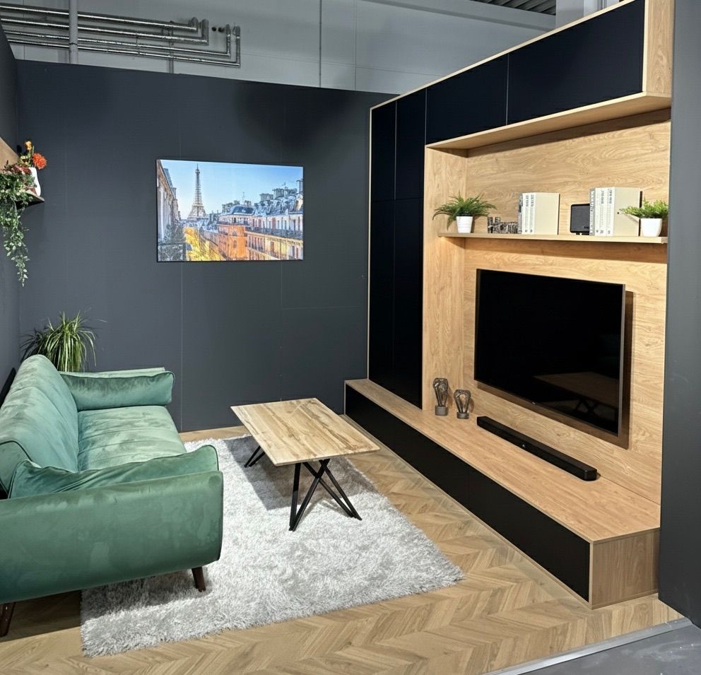 Ein Wohnzimmer mit einer grünen Couch, einem Holztisch, einem Fernseher und einem grauen Teppich. An der Wand hängt ein Bild von Paris.