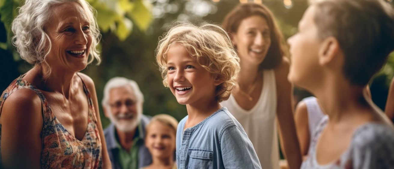 Eine Gruppe von Menschen, darunter ein lächelndes junges Mädchen, steht in einem Garten. Das Mädchen schaut nach vorne, während andere hinter ihm lachen. Der Hintergrund ist unscharf.