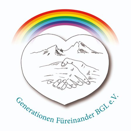Das Logo zeigt ein Herz mit zwei sich schüttelnden Händen darüber, einem Regenbogen im Hintergrund und Bergen. Darunter steht in Blau 'Generationen Füreinander BGL e.V.'.