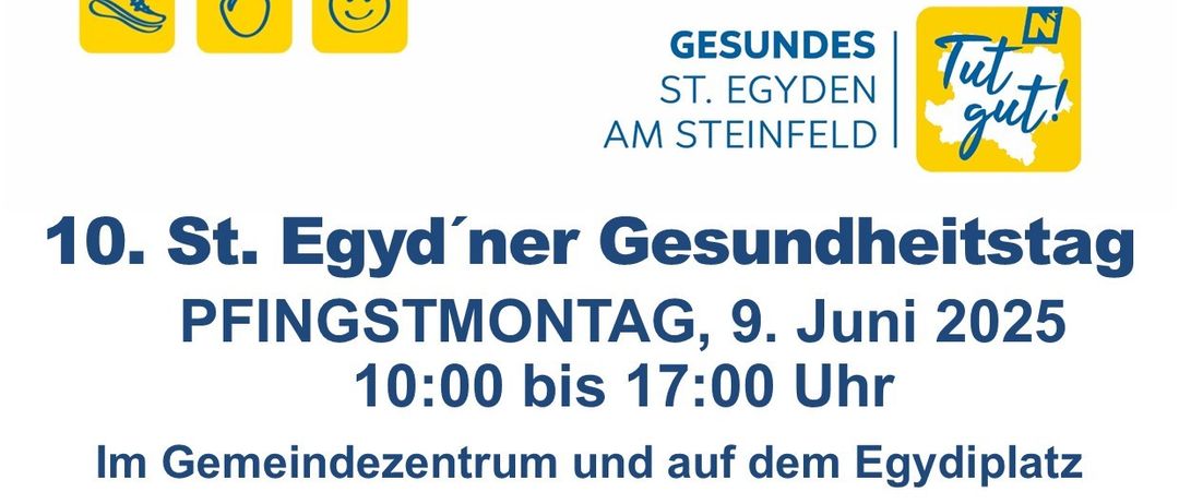 Plakat für den 10. St. Egid'ner Gesundheitstag am Pfingstmontag, 9. Juni 2025. Veranstaltung von 10:00 bis 17:00 im Gemeindezentrum und auf dem Egidplatz. Kategorien umfassen Gesundheit, Wellness, Pflege, Ernährung, Kosmetik, Haushalt und Reinigung.