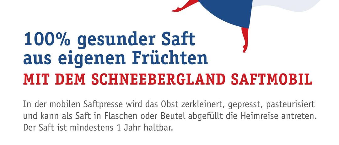 Ein Werbeplakat für Saftmobil zeigt eine Frau, die Obst pflückt und presst. Der Text erklärt, dass Saftmobil 100% reinen Fruchtsaft anbietet. Er wird am 30. September im Gemeindezentrum St. Eyden erhältlich sein.