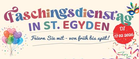 Ein Veranstaltungsplakat für St. Egidyen mit Luftballons, Konfetti und Partydekoration. Es listet Aktivitäten für drei Gruppen auf: Gemeinde St. Egidyen, Jungschar St. Egidyen und Pro Egidyen, jeweils mit ihrem Zeitplan und Aktivitäten. Es enthält auch eine Einladung von Christa Tisch und dem Team.