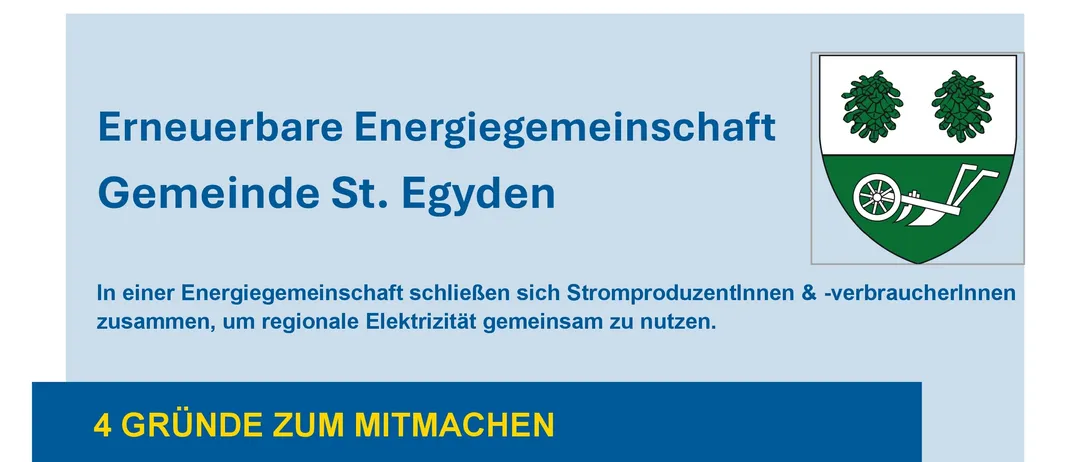 Das Bild bewirbt die erneuerbare Energiegemeinschaft von St. Egyden und zeigt vier Vorteile: Verkauf von überschüssigem Solarstrom, saubere Energienutzung von Nachbarn, Entlastung der Übertragungsnetze und regionale Wertschöpfung. Der Aufruf lautet 'Jetzt mitmachen!' mit einem QR-Code für die Anmeldung.