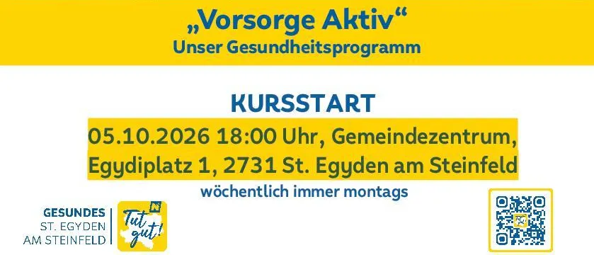 Ein Plakat bewirbt eine Wandergruppe namens 'Vorsorge Aktiv'. Es zeigt eine Gruppe von Menschen, die in einem Park spazieren gehen, mit einem gelben und weißen Hintergrund. Das Plakat enthält Details zum Startdatum, zur Uhrzeit und zum Ort der Gruppe.