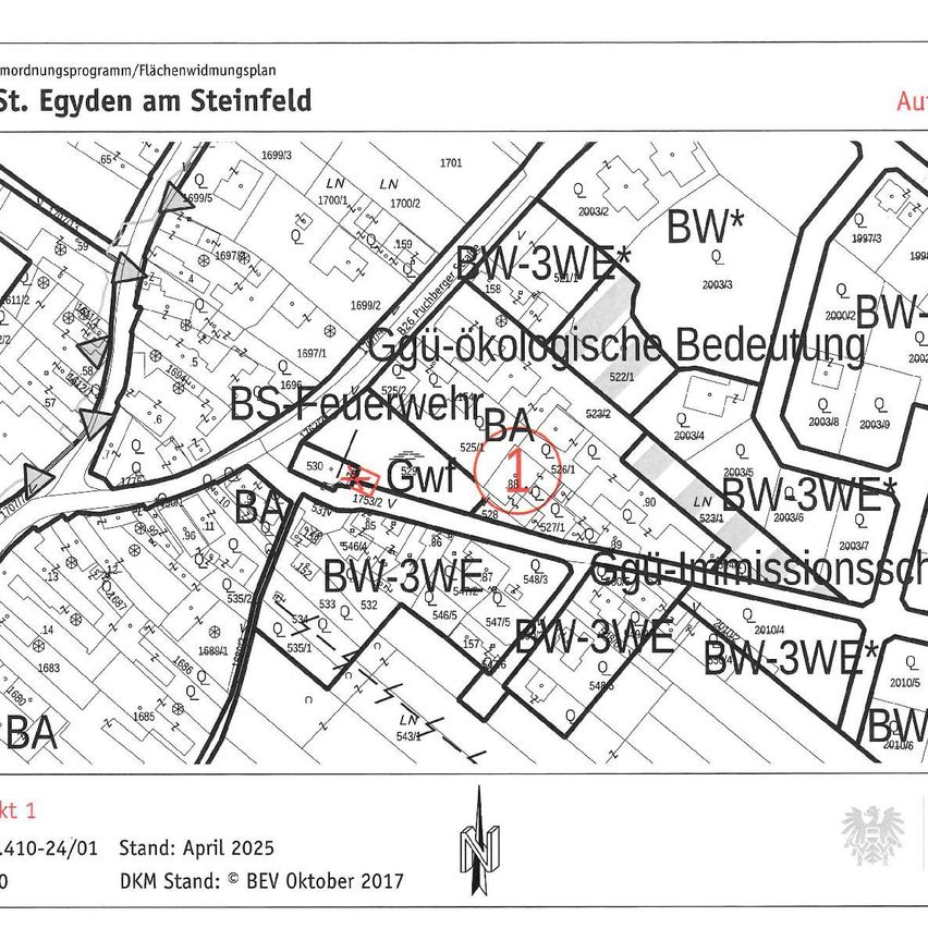 Eine Karte mit dem Titel 'St. Egyden am Steinfeld' zeigt verschiedene beschriftete Grundstücke, wobei bestimmte Grundstücke rot hervorgehoben und mit 'BW-3WE' und 'BW-3WE*' gekennzeichnet sind. Die Karte enthält Zahlen, Text und eine Legende, mit einem Wasserzeichen, das das Datum 'April 2025' und einen Verweis auf 'DKM Stand: BEV Oktober 2017' anzeigt.