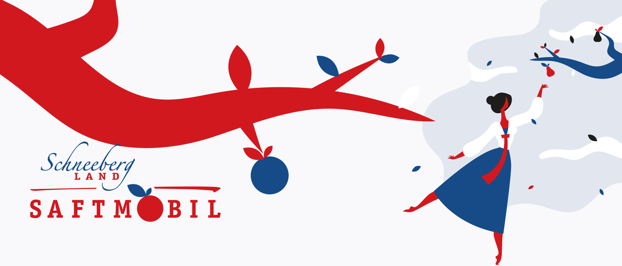 Eine Illustration einer roten Baumzweige mit blauen Blättern und einer blauen Frucht, die daran hängt. Eine rote Figur scheint nach der Frucht zu greifen. Darunter befindet sich ein rotes und weißes Logo.