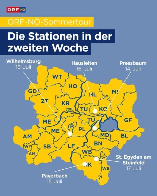Die Karte zeigt die Stationen der ORF-NÖ-Sommertour in der zweiten Woche. Wilhelmsburg ist für den 18. Juli geplant, Hausleiten für den 16. Juli, Pressbaum für den 14. Juli und St. Eyden am Steinfeld für den 17. Juli. Payerbach ist für den 15. Juli vorgesehen.