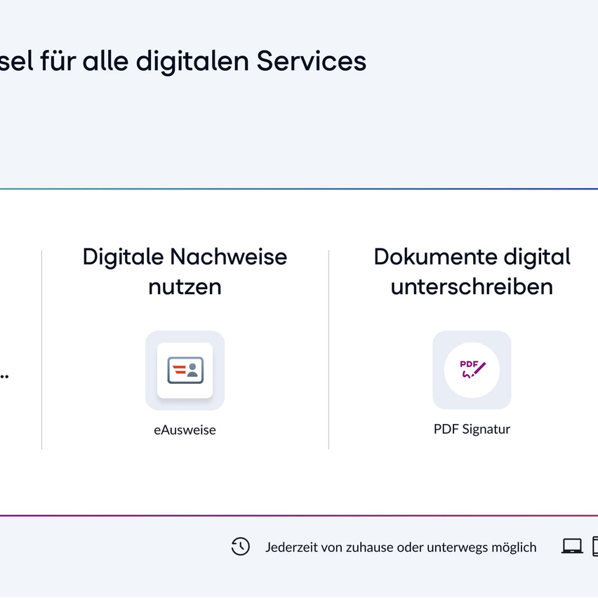Digitale Ausweiskarte für alle digitalen Dienste. Digitale Nachweise nutzen, e-Ausweise. Dokumente digital unterschreiben, PDF-Signatur. Jederzeit von zu Hause oder unterwegs möglich.