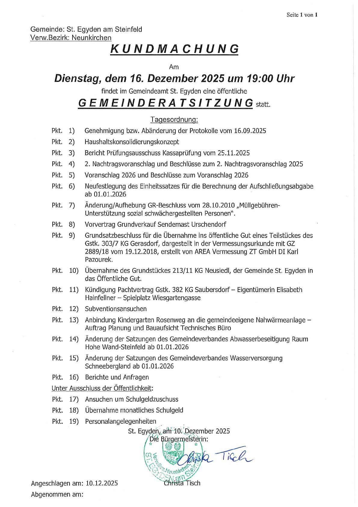 Die öffentliche Gemeinderatssitzung in St. Eygyden ist für Dienstag, den 16. Dezember 2025 um 19:00 Uhr angesetzt. Die Tagesordnung umfasst die Genehmigung bzw. Änderung des Protokolls, Berichtsprüfungen, Haushaltsbeschlüsse und weitere Punkte.