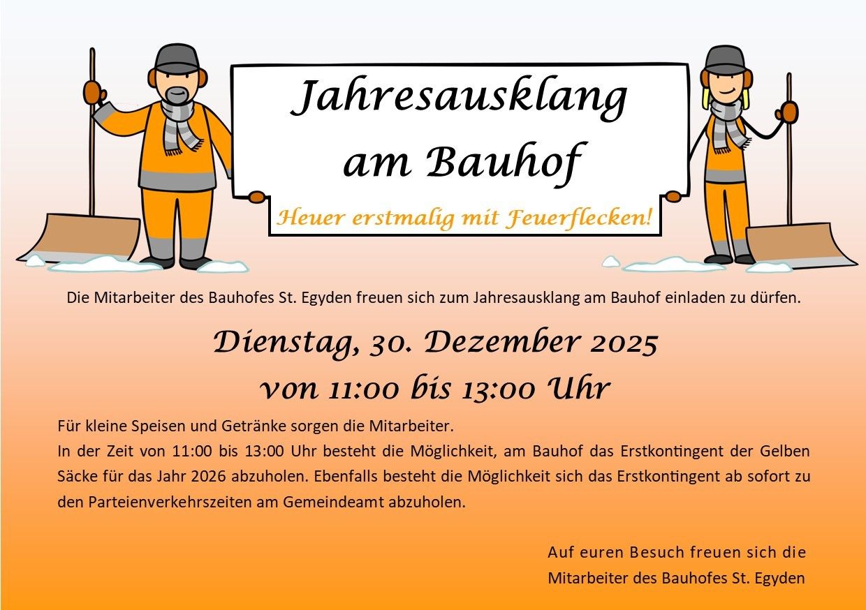 Ein Plakat lädt zum Jahresausklang am Bahnhof am 30. Dezember 2025 von 11:00 bis 13:00 Uhr ein. Mitarbeiter sorgen für Speisen und Getränke. Es besteht auch die Möglichkeit, Vorabtickets für das Jahr 2026 und Tickets am Gemeindeamt abzuholen.
