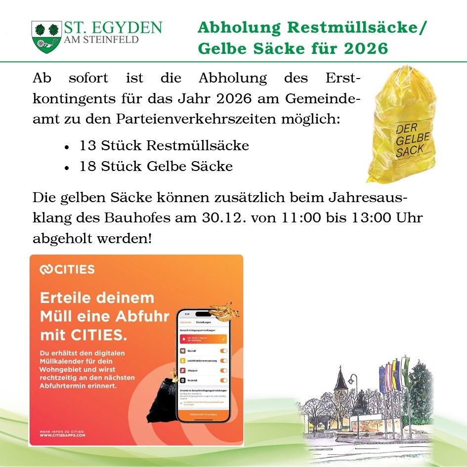 Plakat zur Abholung von Restmüllsäcken. Verfügbar im Gemeindeamt. 13 Restmüllsäcke und 18 gelbe Säcke für 2026. Gelbe Säcke auch beim Jahresausklang. Cities App für Abfallmanagement.