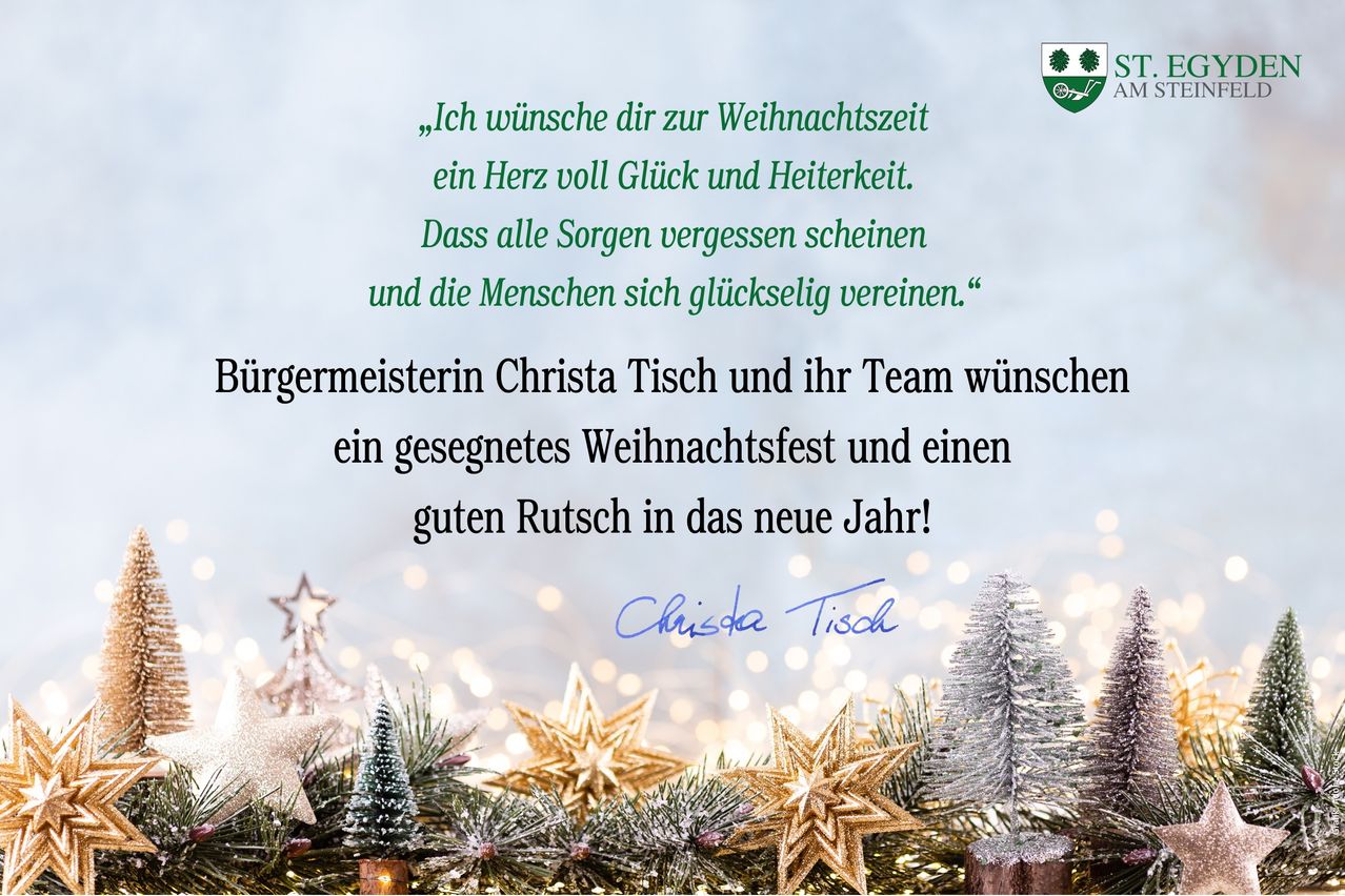 Weihnachtskarte von Bürgermeisterin Christa Tisch, die allen eine frohe Weihnachtszeit und ein glückliches neues Jahr wünscht. Die Karte zeigt eine festliche Anordnung von Weihnachtsbäumen und Sternen.