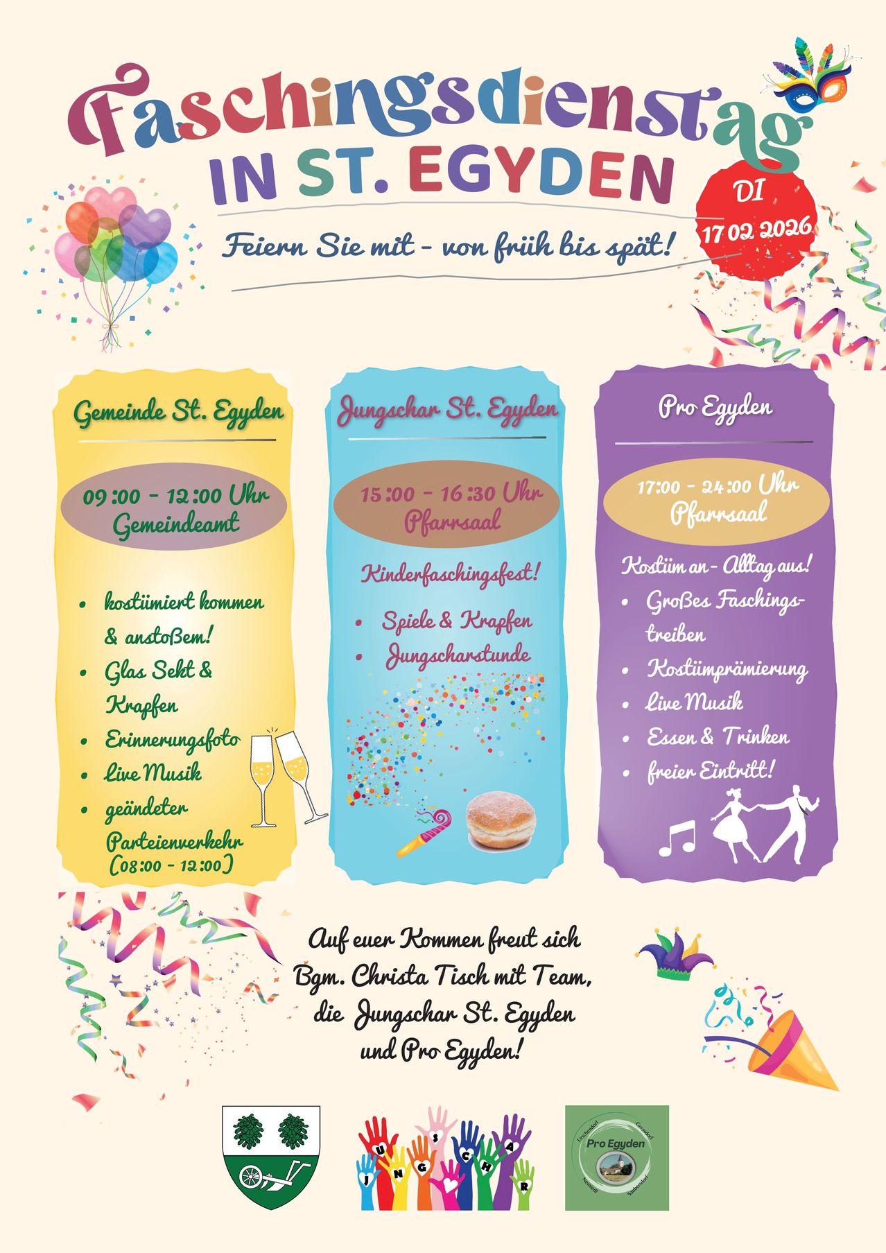 Plakat für ein Karnevalsevent in St. Egidien. Es listet Zeiten für Gemeindekarneval, Jugendkarneval und Profi-Karneval auf. Besonderheiten sind Kostümwettbewerbe, Spiele, Bastelarbeiten und Erfrischungen. Freier Eintritt. Gehostet von Christa Tisch und Team.