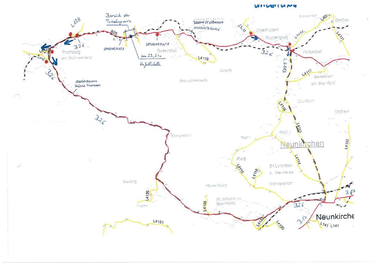Eine handgezeichnete Karte zeigt verschiedene Straßen und Kreuzungen, einschließlich 'L338', 'L419' und 'L415'. Bemerkenswerte Wahrzeichen sind 'Puchberg', 'Unterhofen' und 'Rosental'. Es gibt auch Verweise auf 'Berich der Totaloparz' und 'L4117'. Die Karte ist handgeschrieben mit blauen und roten Markierungen.