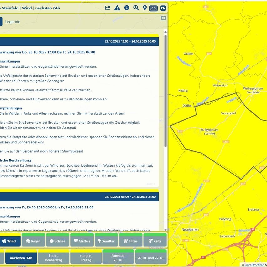 Steinfeld Windkarte. Warnungen vor starken Seitenwinden, die Fahrzeuge und Gegenstände beeinflussen. Für Freitag, 24. Oktober 2025, von 6:00 bis 18:00 Uhr.