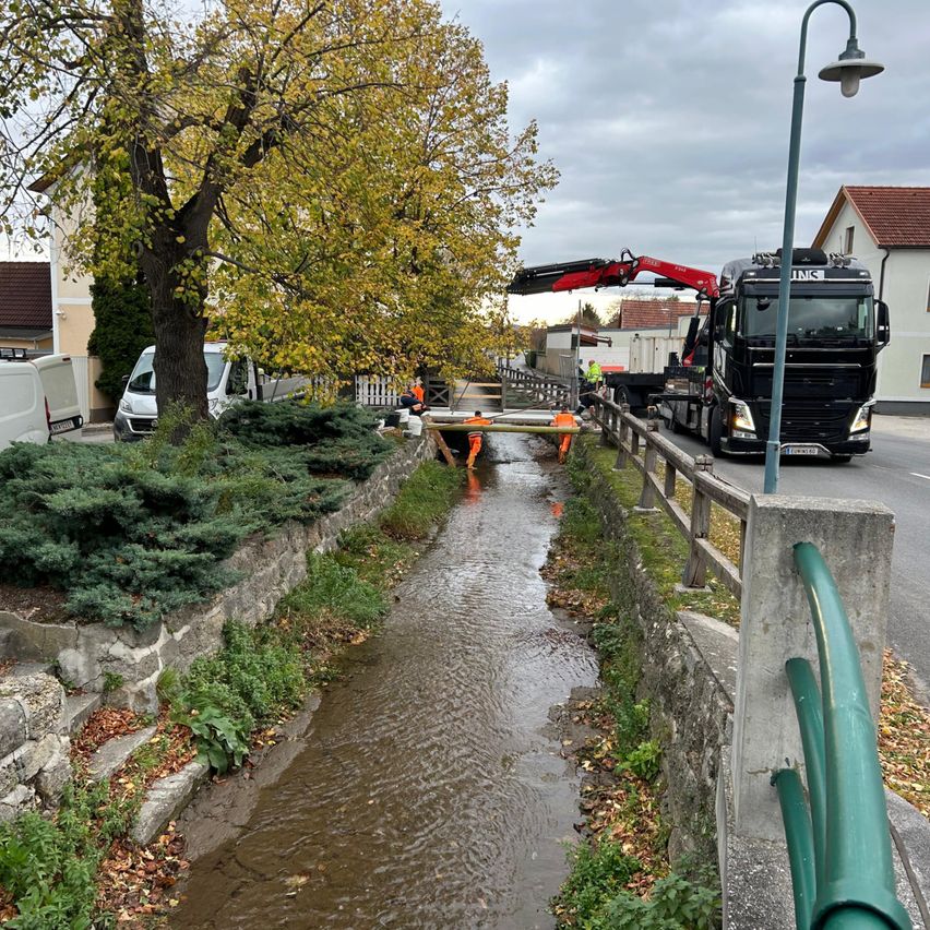 Eine Baustelle mit Arbeitern in der Nähe eines Flusses, mit einem Lastwagen und einem Kran. Bäume, Büsche und eine Straßenlaterne sind sichtbar.