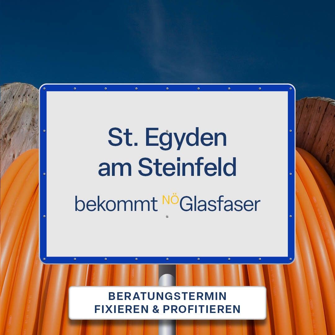 Ein Schild für St. Egyd am Steinfeld mit den Worten 'bekommt NÖ Glasfaser' und darunter 'BERATUNGSTERMIN FIXIEREN & PROFITIEREN'. Dahinter sind orangefarbene Kabel.