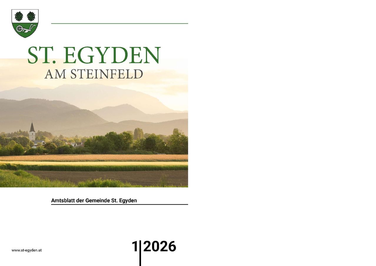 Ein Landschaftsplakat des Dorfes Egyden am Steinfeld. Das Bild zeigt Berge, ein Feld und Bäume, mit dem Datum 1/2026 unten.