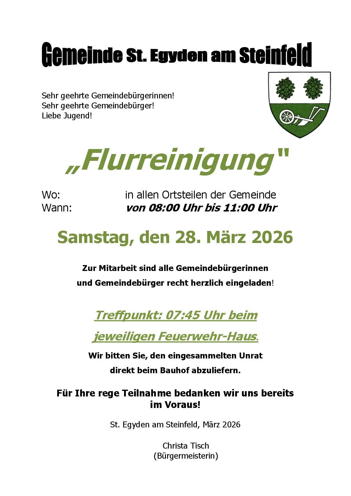 An event poster for the community cleanup. It mentions that all community members are invited to participate on March 28, 2026, from 8:00 AM to 11:00 AM in all local areas.