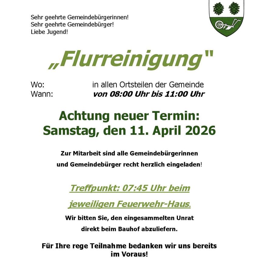 A call for all community members and citizens to participate in the cleanup event. Time: 8:00 AM to 11:00 AM. Note the new date: Saturday, April 11, 2026. Meeting point: 7:45 AM at the fire station. Please deliver collected waste directly to the construction site. Thank you for your participation.