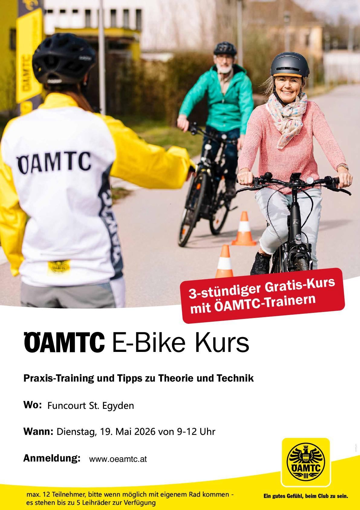 E-Bike course with ÖAMTC in St. Eygden. Practice training and tips on theory and technique. Date: May 19, 2026 from 9-12 AM.