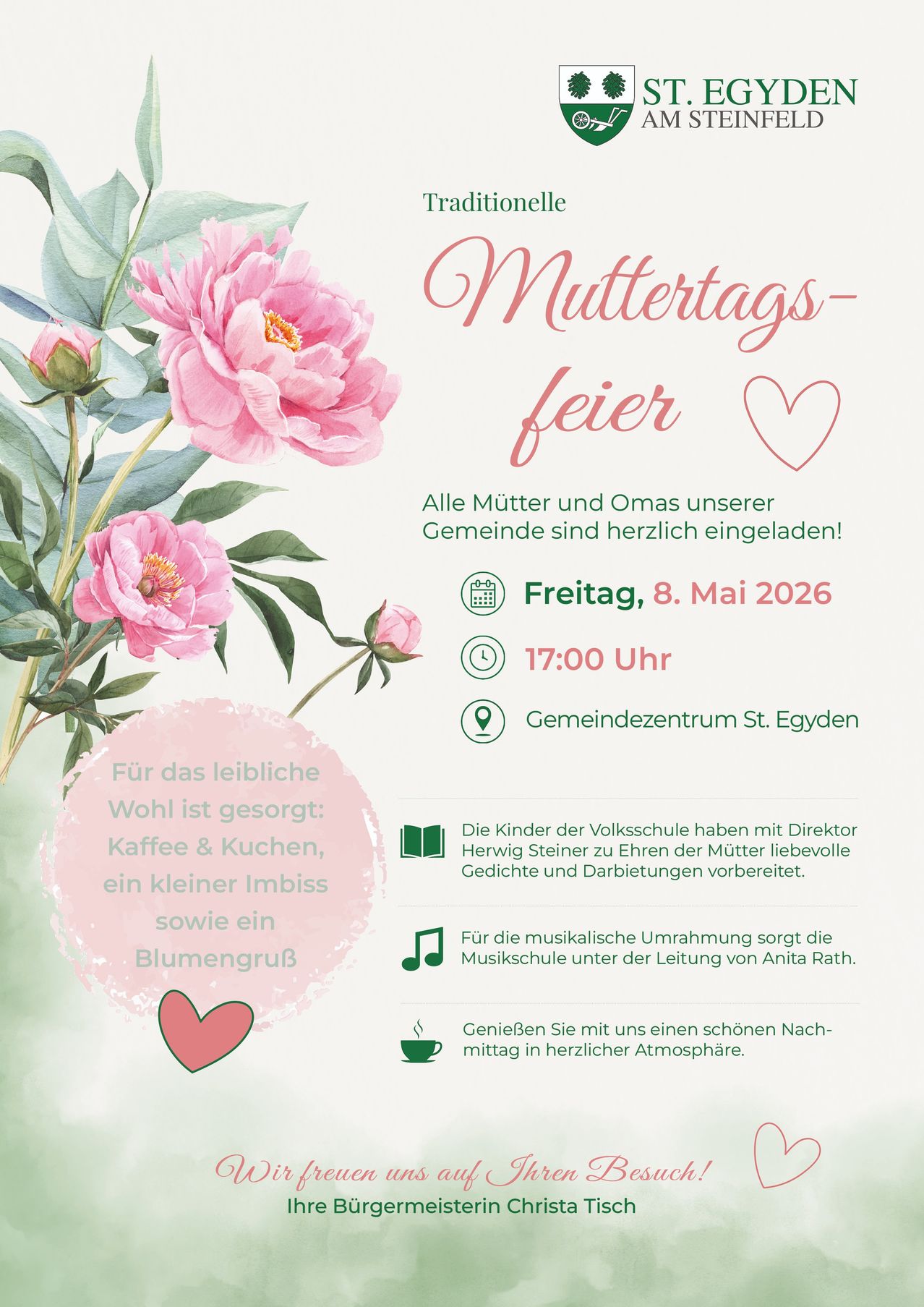 Poster for Mother's Day celebration. It includes pink flowers, a pink heart, and a text overlay with event details and a warm invitation for mothers. It includes the date, time, location, and activities planned.