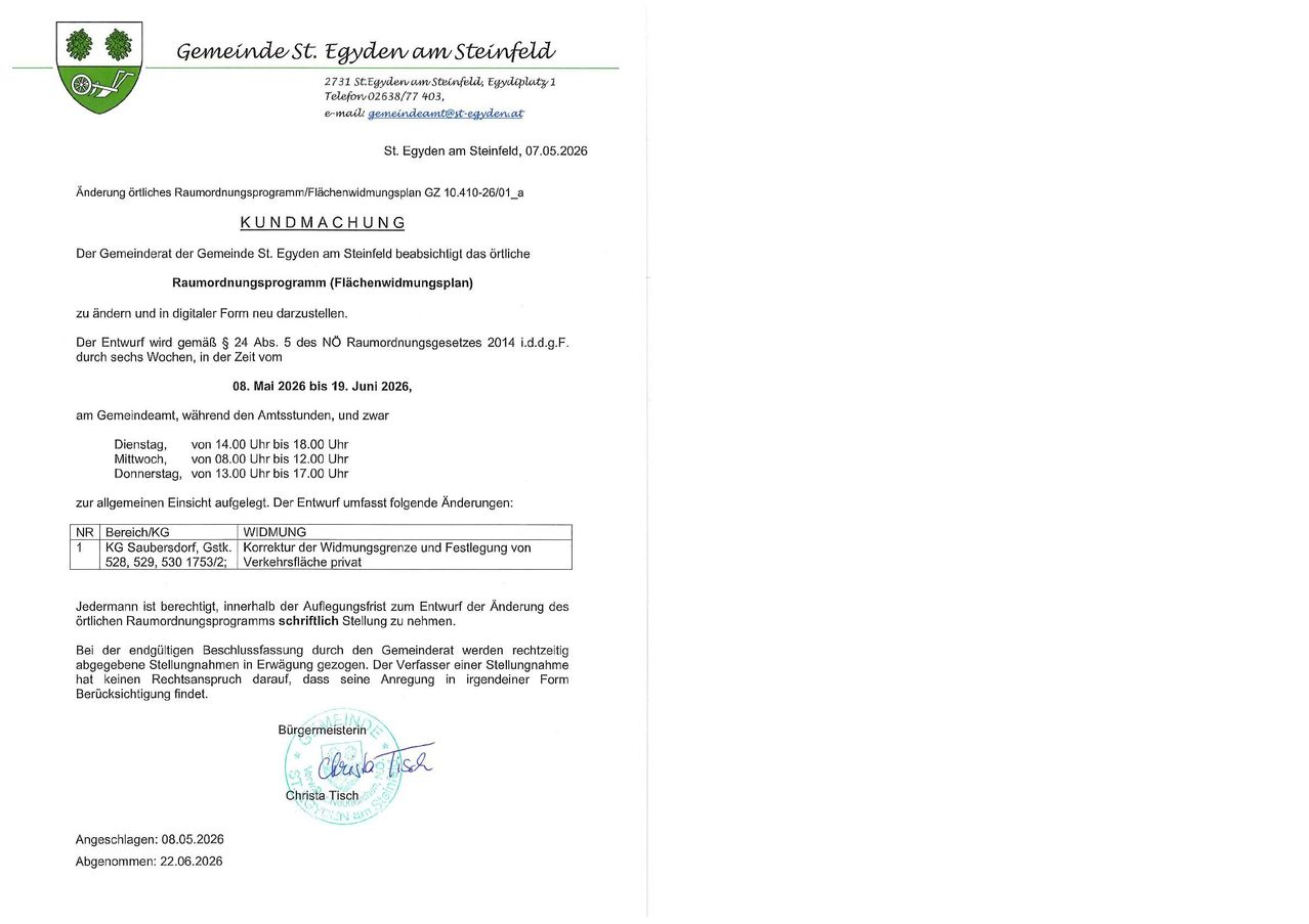 A municipal announcement from St. Egiden am Steinfeld, dated 07.05.2026, regarding changes to the lighting program. The program is scheduled from 08 May 2026 to 19 June 2026. Adjustments in the lighting times are specified.