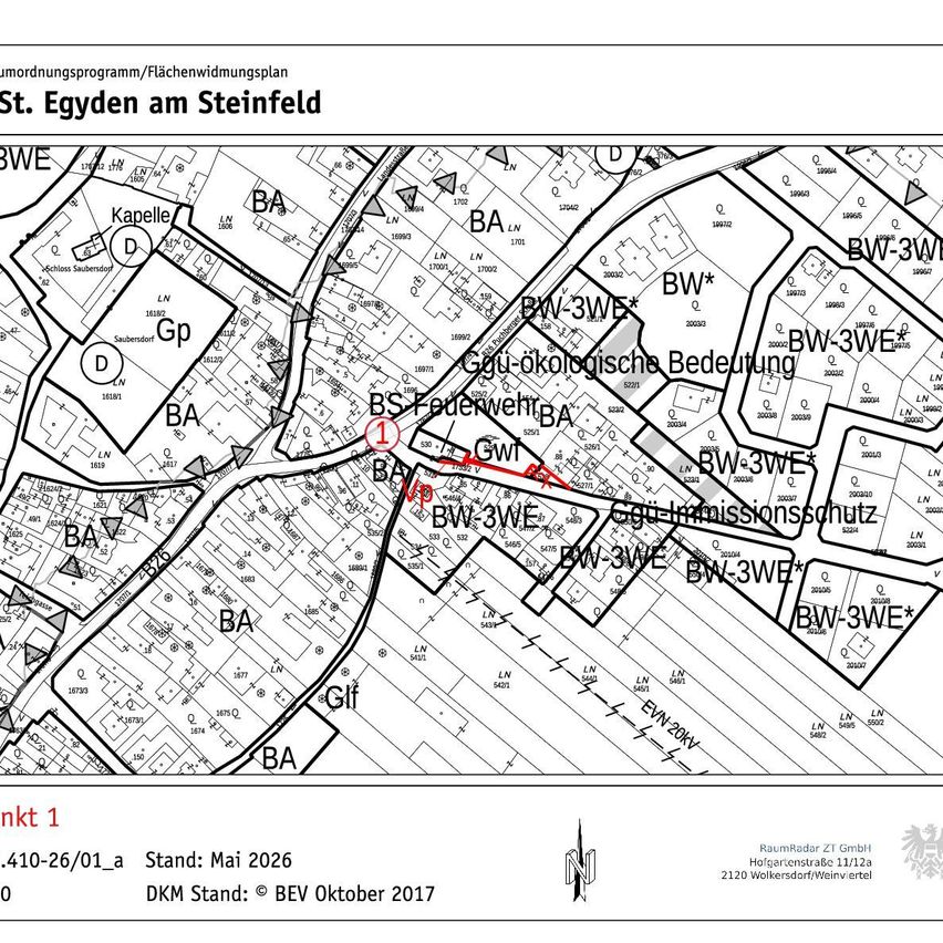 The map shows the St. Egyd am Steinfeld area with various labels and markings, including 'BW-3WE' and 'BW-3WE*'. The map is dated Mai 2026, with the latest update from BEV on October 2017.