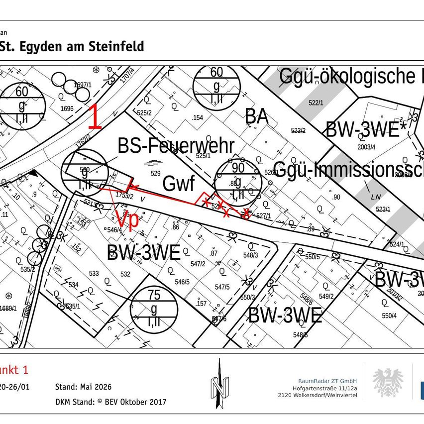 Map of St. Egdyen am Steinfeld showing various areas marked with numbers and labels, including 'BS-Feuerwehr' and 'Ggü-ökologische'. The map is dated May 2026 and shows measurements and annotations.