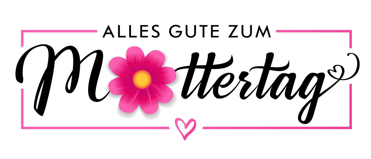 A pink flower with a yellow center. The text above says 'Alles Gute Zum'. Below the flower, there is a pink heart.