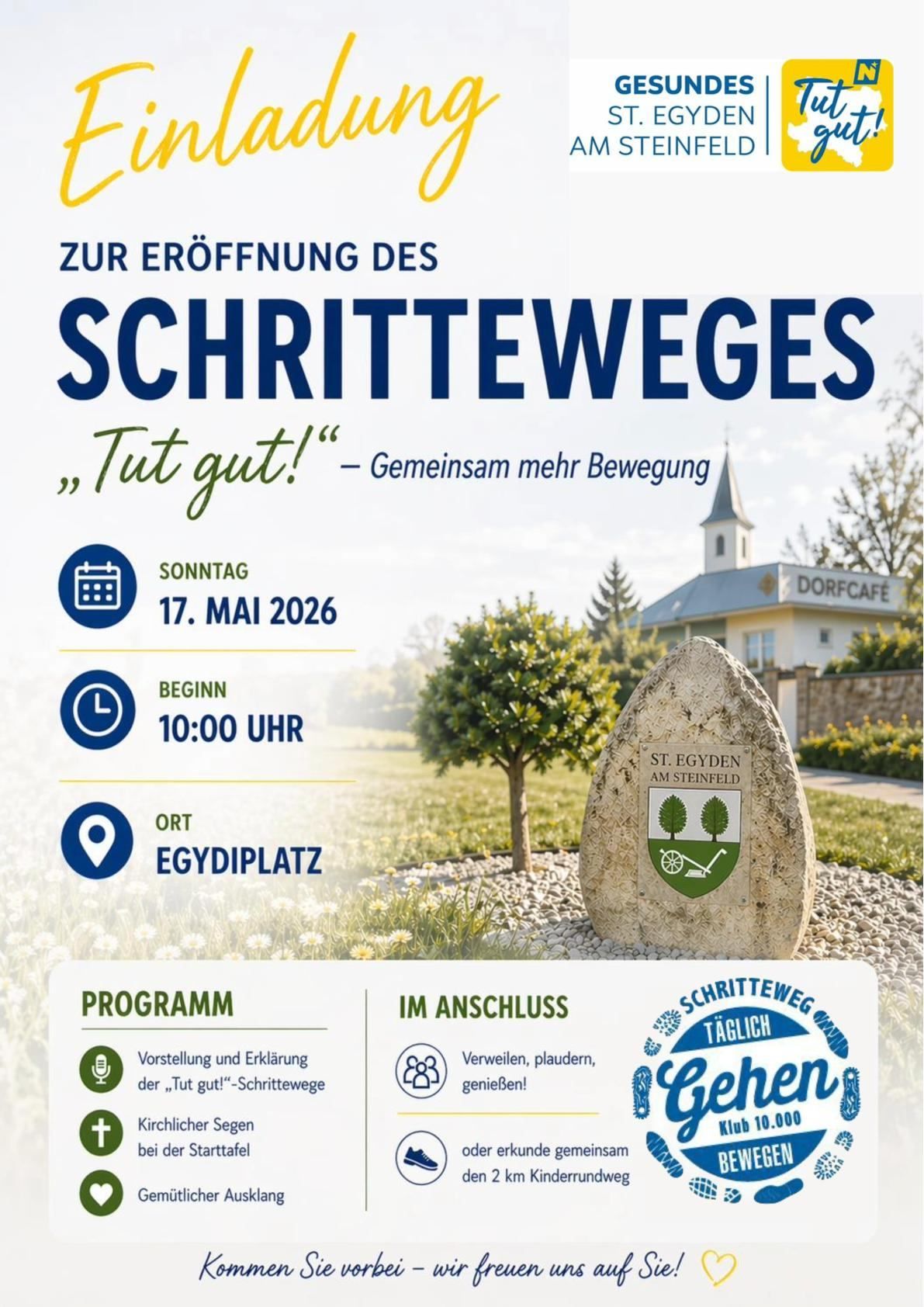 Opening of the 'Tut gut!' footpath on May 17, 2026 at 10 AM. Located at Egydiplatz, the event will feature presentations, explanations, and walking activities.