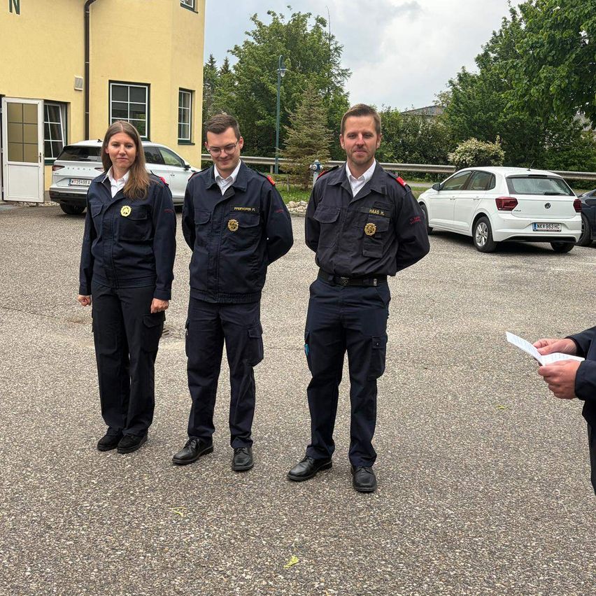 Three uniformed individuals stand outside, two women and a man, in front of a building with parked cars.