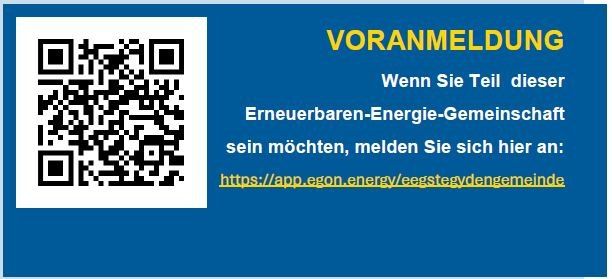 The image contains a blue background with a QR code and white text in yellow. The text reads 'VORMELDUG', 'Wenn Sie Teil dieser Erneuerbaren-Energie-Gemeinschaft sein möchten, melden Sie sich hier an:'. A URL is also present.