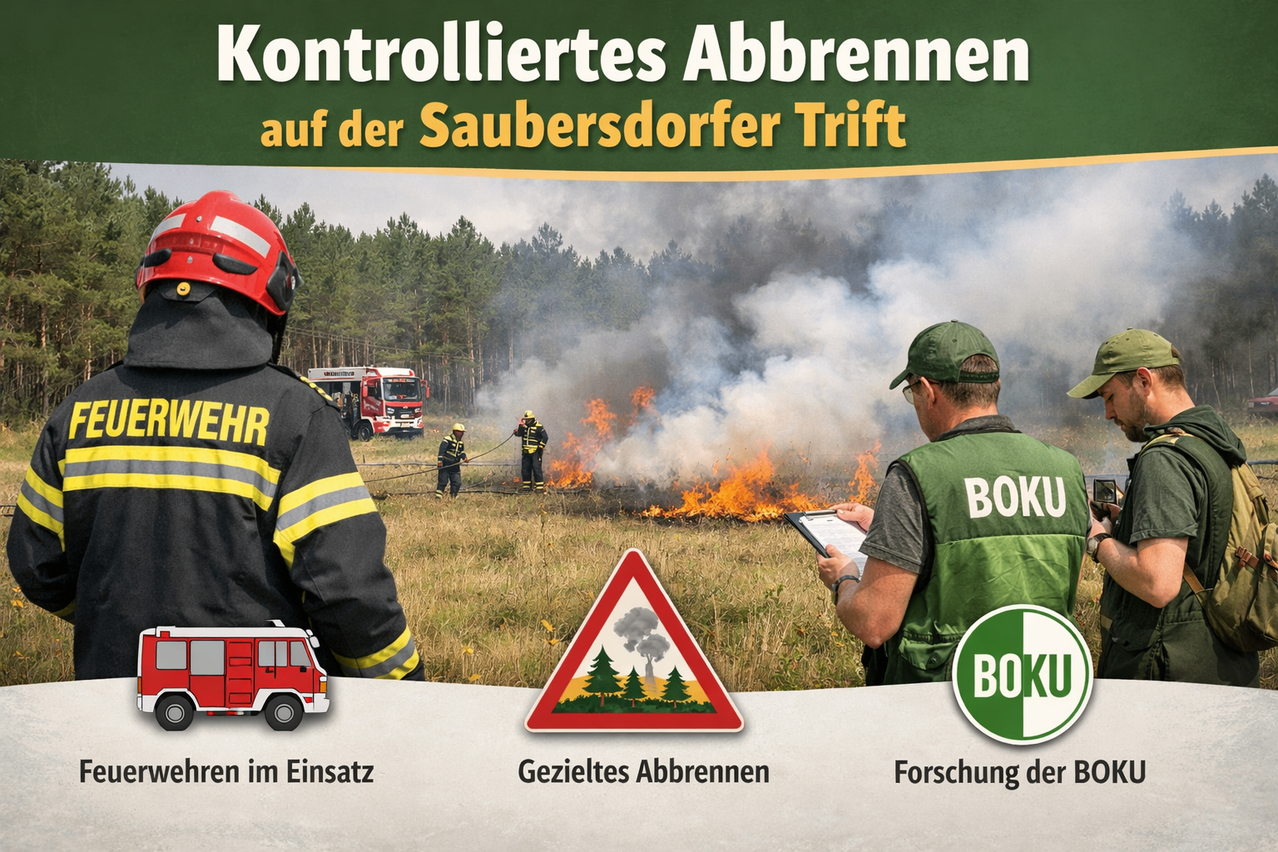 Ein Plakat für kontrollierte Abbrennen auf der Saubersdorfer Trift. Es zeigt Feuerwehrleute und ein Feuer mit Rauch. Ein Mann beobachtet mit einem Klemmbrett.