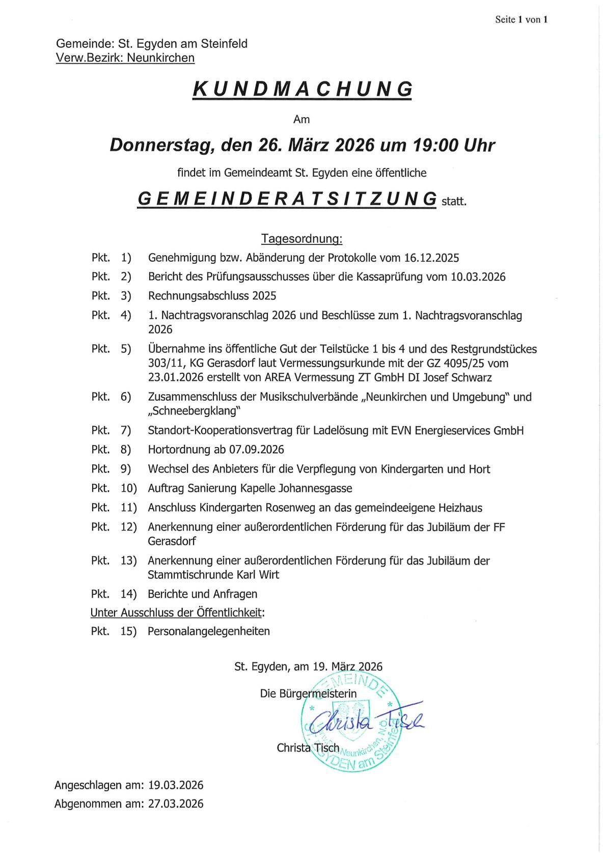 Public town council meeting in St. Egidy on Thursday, March 26, 2026, at 7:00 PM. Approval of the meeting minutes, report of the examination committee, and other agenda items.