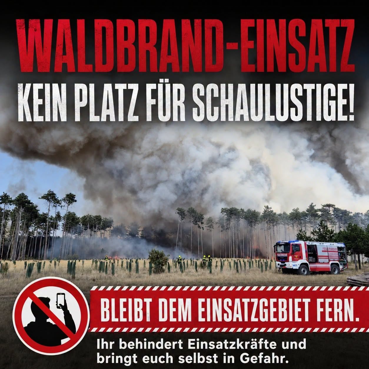 Ein Plakat mit einem Waldbrand im Hintergrund, Feuerwehrleuten und einem Feuerwehrwagen. Es warnt davor, Fotos zu machen und sich vom Brandgebiet fernzuhalten.