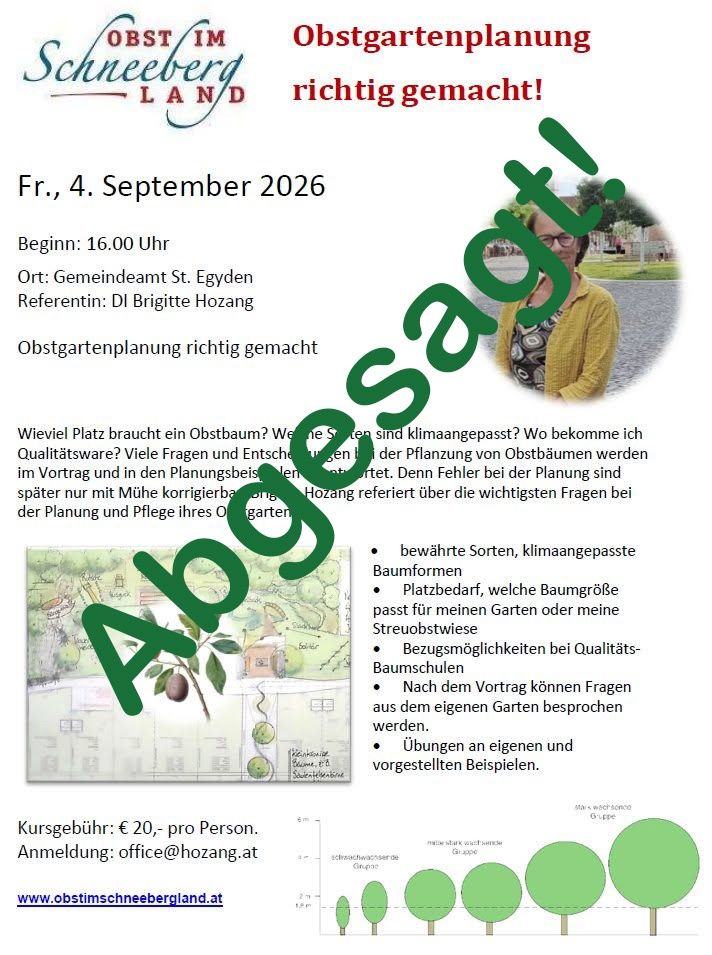 A flyer for an event on September 4, 2026, titled 'Obstgartenplanung richtig gemacht' with a woman in a yellow sweater and glasses. The flyer includes details about the event time, location, and speaker. It also mentions topics like suitable tree species, planting methods, and garden care.