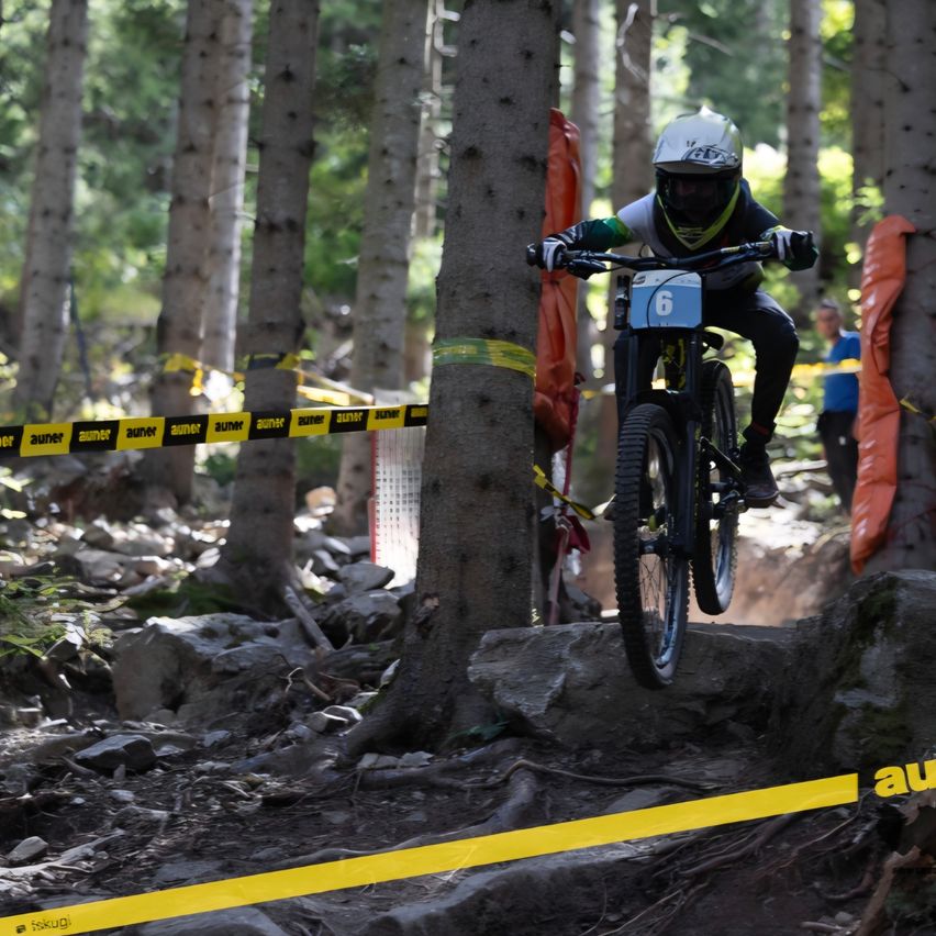 A mountain biker wearing a helmet and number 6 jersey rides over a rock in a forest trail.