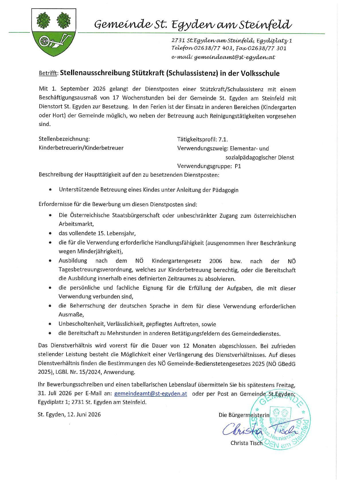 Stellenausschreibung für eine Stützkraft/Schulassistentin an der Volksschule St. Eygyden. Beginn am 1. September 2026 mit einer Beschäftigungsdauer von 17 Wochen. Die Stelle steht sowohl Vollzeit- als auch Teilzeit-Bewerbenden offen.