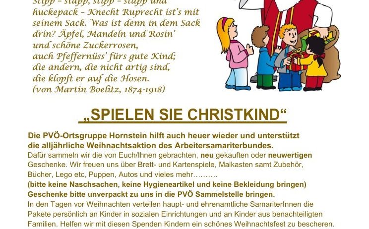 Ein Flyer für eine Weihnachtsaktion der Hornstein Workers' Samaritan League mit Knecht Ruprecht, der Geschenke sammelt, und einem Weihnachtsmann mit Kindern. Der Flyer ermutigt zur Spende von Spielzeug, Büchern und anderen Artikeln für benachteiligte Kinder.