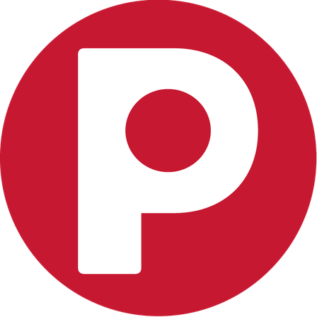 Ein weißer Buchstabe P in einem roten Kreis mit einem kleineren roten Kreis in der Mitte.