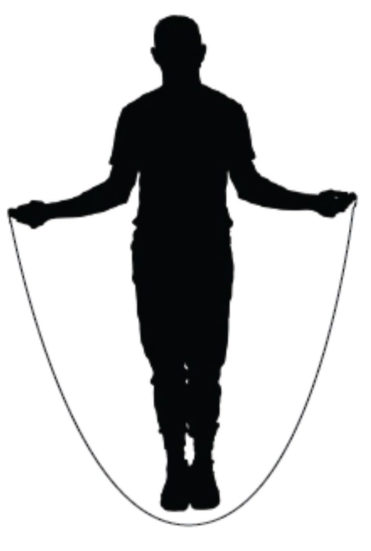 Silhouette eines Mannes, der Seilspringen macht, mit gespreizten Beinen stehend und die Seile in beiden Händen haltend.