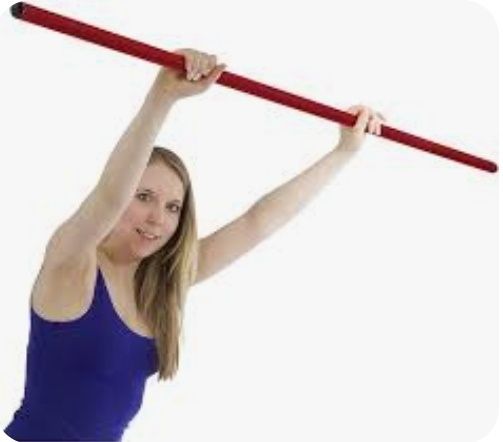 Eine Frau in einem blauen Tanktop hält einen roten Stab mit beiden Händen. Sie steht und schaut nach vorne.